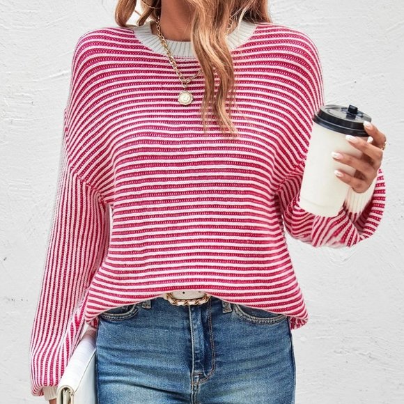 Striped Pattern long sleeved round neck knit Sweater top - Picture 1 of 5
